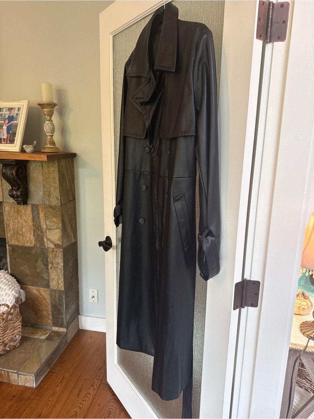 Dynamite Classic Black Long Faux-Leather Trench Coat - Picture 3 of 11